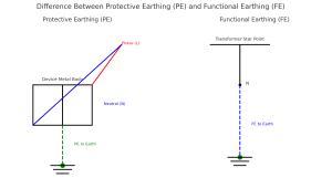Difference between protective earthing (PE) and functional earthing (FE) with diagram